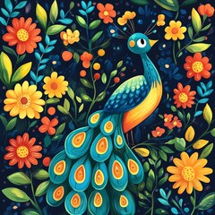 Fototapeta premium Colorful peacock surrounded by vibrant flowers, representing beauty and nature in a whimsical, artistic style.