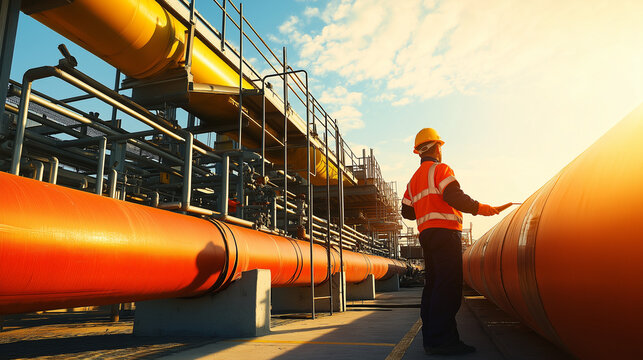 Construction Worker Inspecting Pipeline at Sunset with Glowing Light in Background