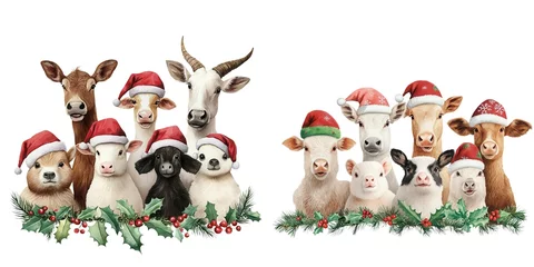 Poster Boerderij Watercolor Christmas Farm, Boho Decor, Cheerful farm animals wearing Santa hats, surrounded by festive greenery, oliday-themed designs and decorations. Isolate on white background set  © Vector_Collections