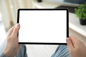 male hands holding computer tablet with isolated screen background cafe
