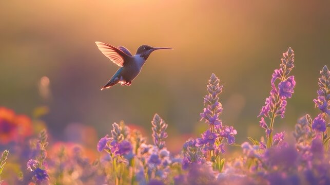 Hummingbird in Flight Over Purple Flowers at Sunset.