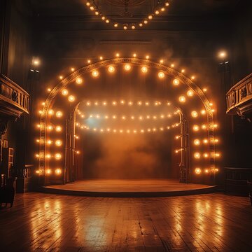 Dramatic theater stage with glowing lights, creating an inviting atmosphere for performances and events.