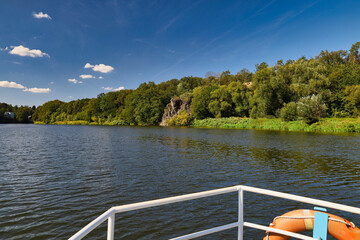 Muldeschifffahrt, Schiff auf der Mulde, Grimma an der Mulde, Landkreis Leipziger Land, Sachsen, Deutschland
