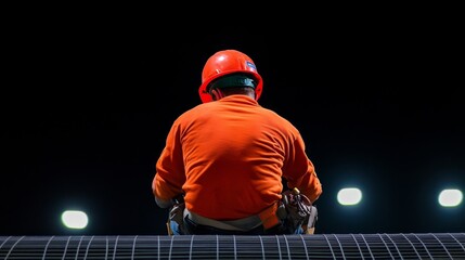 Dedicated Construction Worker Putting in Overtime Effort Under Nighttime Floodlights