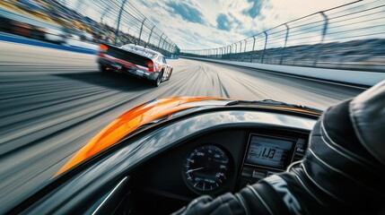 Exciting NASCAR race with driver overtaking another car on high-speed track under bright sky, showcasing thrilling motorsport competition and precision driving skills