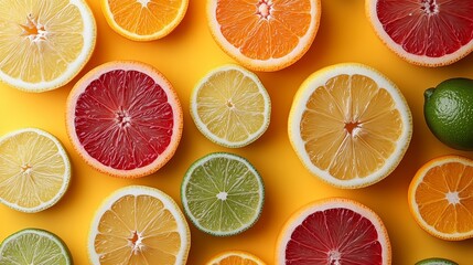 Fresh Citrus Fruit Slices on Yellow Background