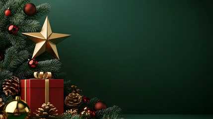 3D rendering of a Christmas background with a golden star, green pine tree, and red gift box on a dark green gradient color backdrop for holiday party decoration design. New year banner background