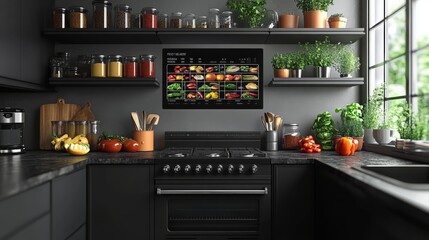 Futuristic kitchen with a holographic nutrition display and modern appliances