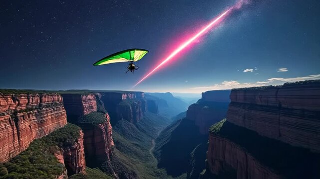 Majestic canyon under starry night sky. Lone hang glider soars through vibrant red meteor shower. Rugged rock formations frame expansive vista. Ethereal glow bathes landscape in otherworldly light. 