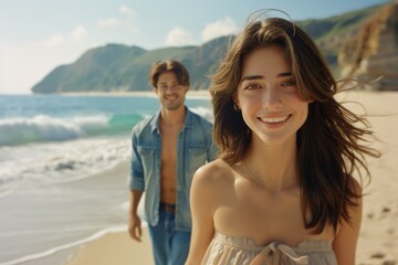 Fototapeta premium A couple walks along the beach, the woman smiling at the camera. AI.