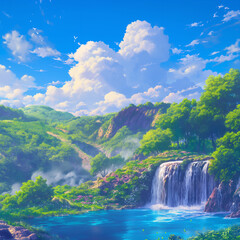 Scenery of waterfalls. Styled like an anime or game background. Blue sky, sunset, sunrise, night, fog, snow, rain, cloudiness, autumn leaves, etc.