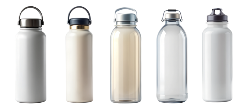 Different types of blank sports water bottle Mockup on transparent background