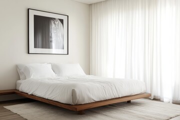 Fototapeta premium Minimalist Bedroom Interior Design with White Bedding and Wooden Platform Bed.