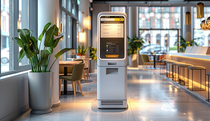 Modern design white glossy self-service kiosk as the focal point in a restaurant, vibrant lighting, digital menu display on the kiosk, clean and minimalist background. Generative AI.