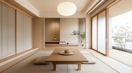 Minimalist Japandi-style living room with dining table