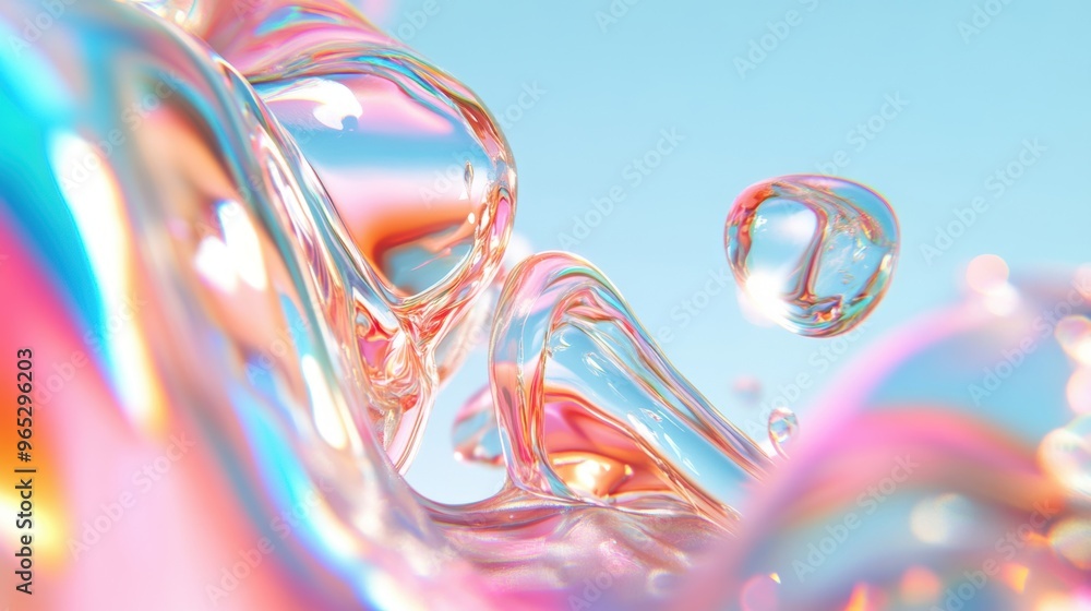 Poster an iridescent liquid flows elegantly, creating an abstract form with dynamic colors that shimmer und