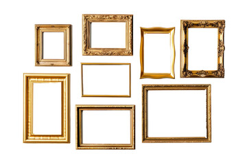 Set of minimalistic golden frames, arranged in a row on a white background