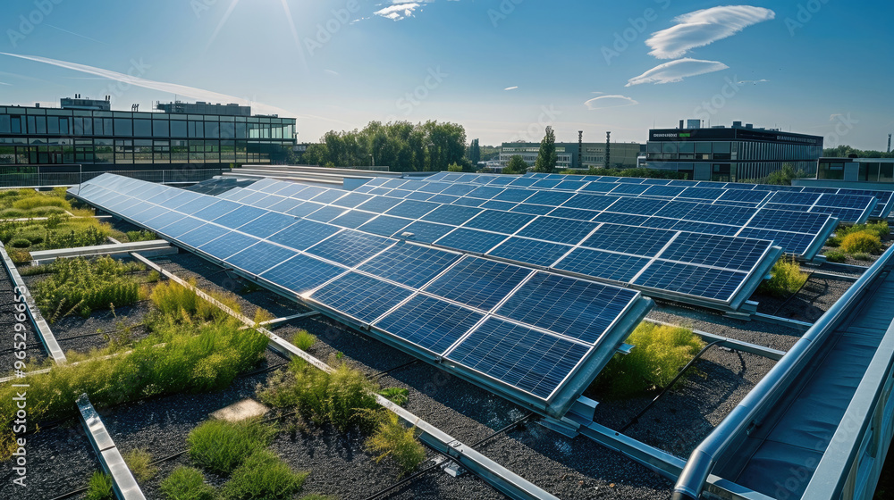 Poster drone shot of solar panels on a business rooftop in a business park in summer. next to the solar pan