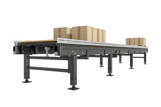 A belt conveyor system moving products on a white background.