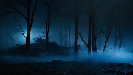 Naklejka premium Realistic scary Halloween background with creepy landscape of night sky fantasy forest in moonlight with leafless trees, fog and dark blue theme