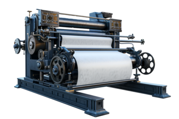 paper printing press, with paper sheets and ink rollers on white background.