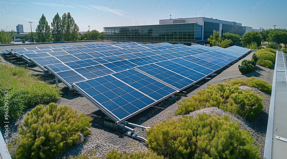 Poster drone shot of solar panels on a business rooftop in a business park in summer. next to the solar pan