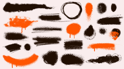 Set of spray graffiti elements, paint stains. Splatter brush drip freehand kit, urban street black grunge. Spray graffiti splash. Vector hand writing stain splash, dirty messy airy ink stroke, circles © Anatoliy
