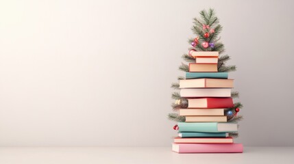 A unique stack of colorful books arranged like a Christmas tree, adorned with ornaments, creating a cozy holiday atmosphere