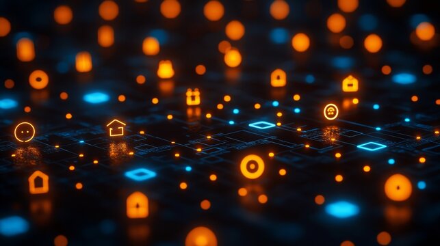 Connected devices form a vibrant Internet of Things network with glowing icons and symbols