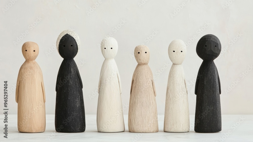 Aufkleber a collection of diverse wooden figures stands in a row, representing various skin tones and unique s