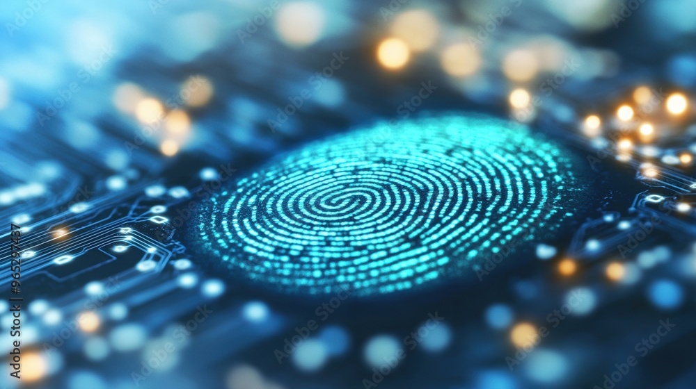Poster a digital fingerprint pattern is illuminated on a blue circuit board, representing cutting-edge iden