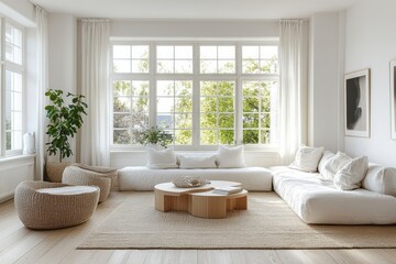Modern Living Room with White Sofa and Large Window.