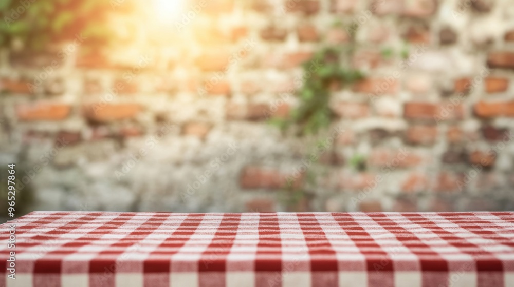 Poster the table dressed in a bright red checkered tablecloth stands empty, illuminated by soft afternoon s
