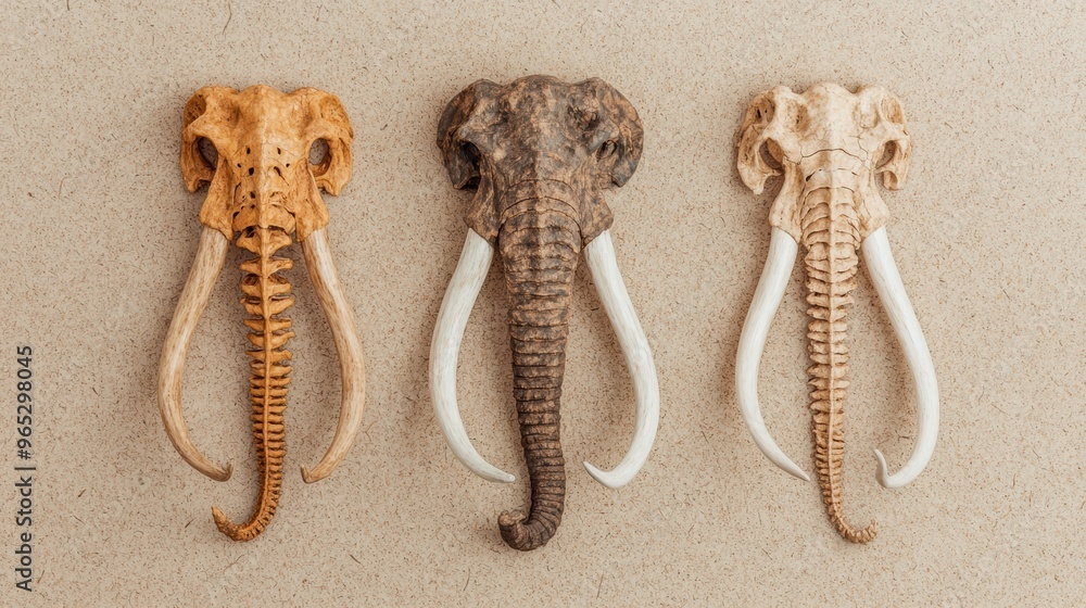 Aufkleber prehistoric mammoth skeletons: detailed bone structure and paleontological reference in 8k high deta