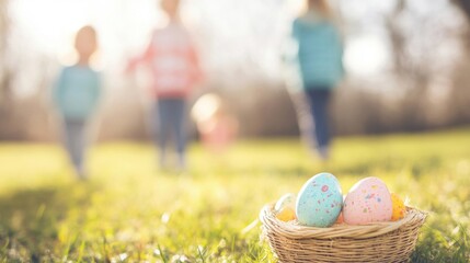 Children search the grassy yard for hidden Easter eggs, enjoying the warm sun and family fun during the festive holiday