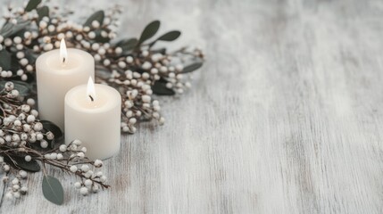 Two lit candles surrounded by decorative greenery create a cozy atmosphere on a rustic wooden surface during the festive season
