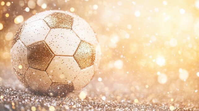 A golden soccer ball glistens with sparkling effects against a shimmering background, capturing the essence of celebration and joy