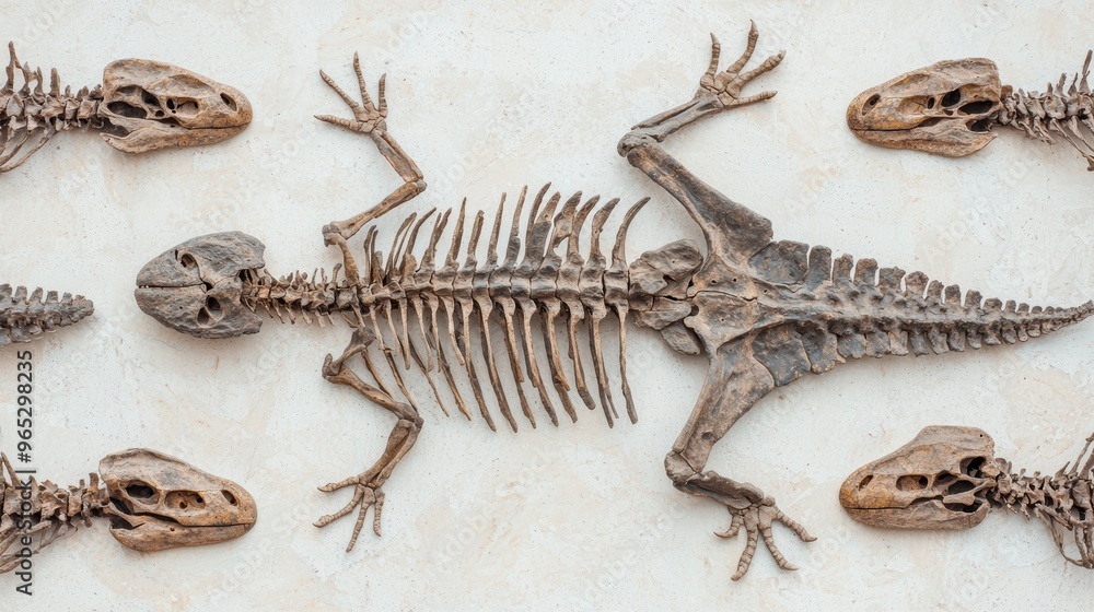 Poster prehistoric illustration of fossilized reptile skeletons with scientific detail in 8k resolution for