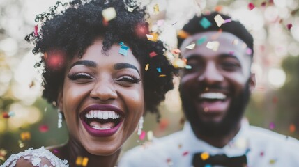 The joyful couple shares laughter and happiness as colorful confetti falls around them, celebrating their new bond outdoors