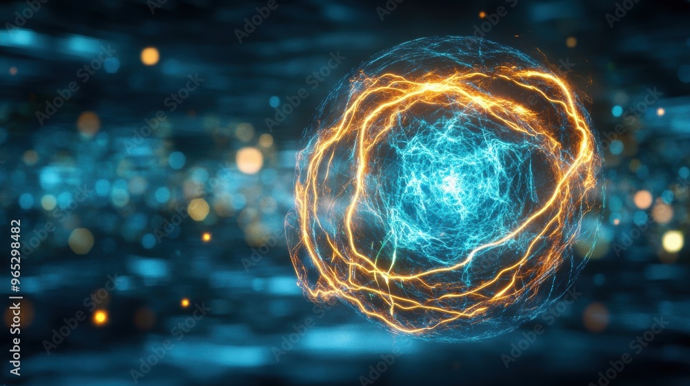 Poster a glowing energy sphere emits vibrant bursts of light, creating a captivating display in a futuristi