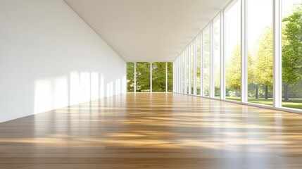 Fototapeta premium Spacious modern gallery with floor-to-ceiling windows park view