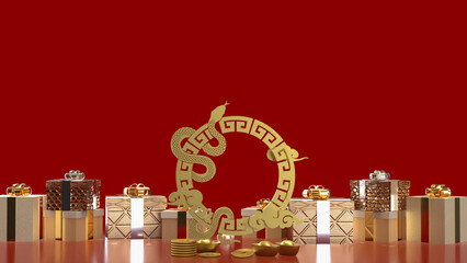 The Gold snake and gift box for Chinese holiday concept 3d rendering.