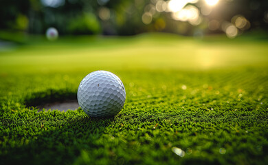 Obraz premium Golf ball on green grass with sunrise in the background, generative ai