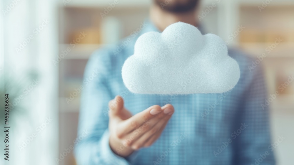 Poster a person engages with a floating cloud symbol, illustrating cutting-edge cloud computing technology 