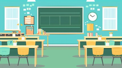 Naklejka premium Colorful Illustrative Classroom with Desks and Blackboard - Modern Educational Environment