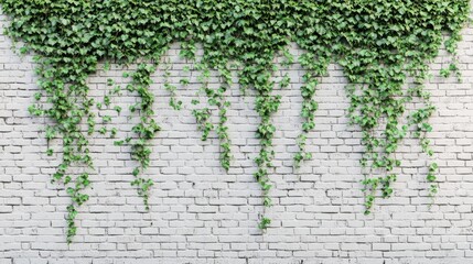 Lush green ivy on white brick wall background