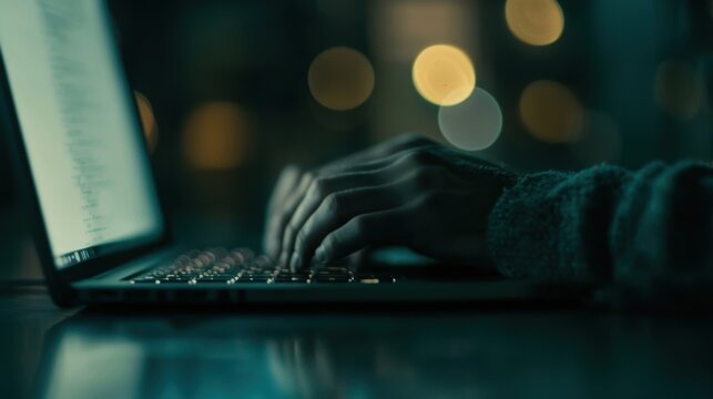A hacker types intently on a laptop, surrounded by darkness, illuminated by the screen's glow and distant lights
