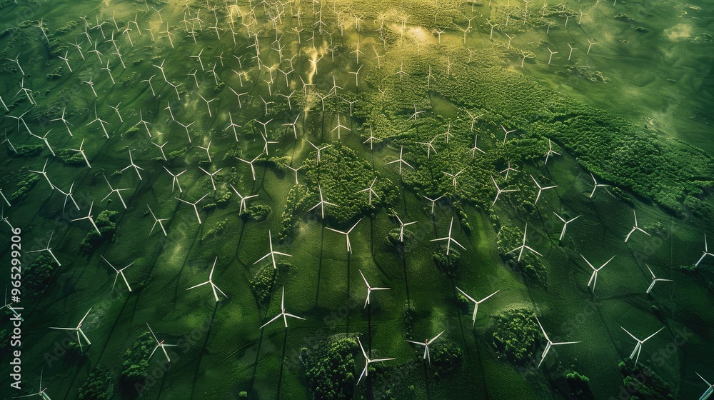 Poster minimalist overhead, top down shot of many wind turbines in green field. generative ai.