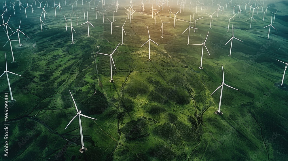 Poster minimalist overhead, top down shot of many wind turbines in green field. generative ai.