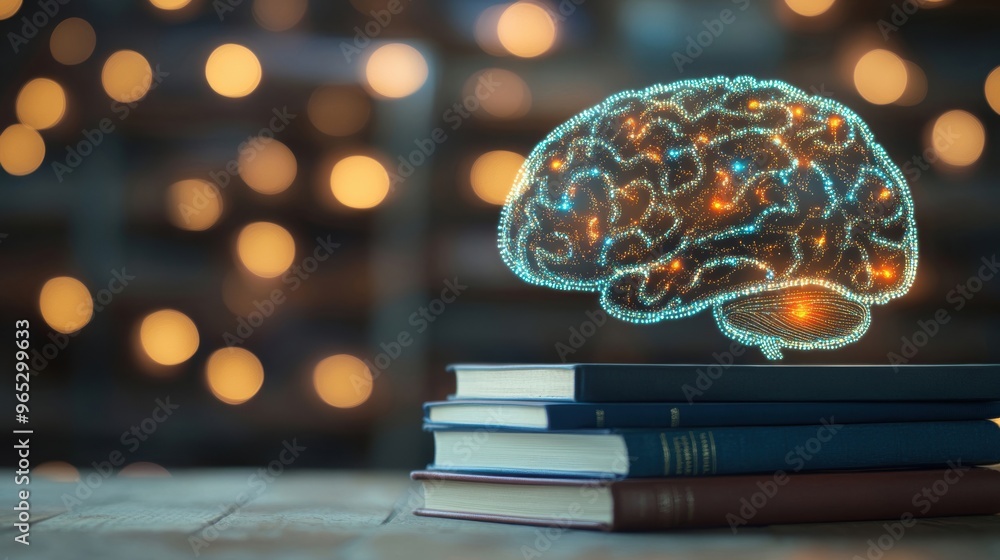 Poster a holographic brain emits light, hovering over a stack of books in a tranquil library, symbolizing t